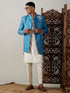 Vastramay Men's Turquoise Blue Pearl Embroidered Indo With Kurta Pant Set