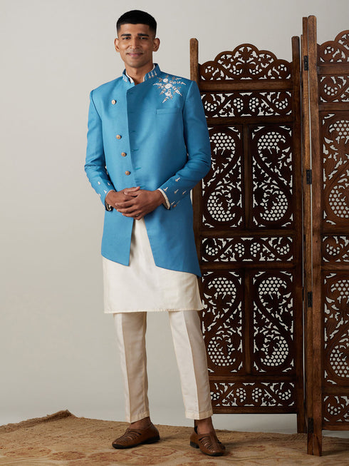 Vastramay Men's Turquoise Blue Pearl Embroidered Indo With Kurta Pant Set