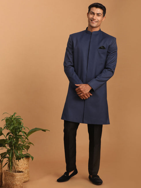 Vastramay Men's Navy Blue Solid Silk Blend Indo Western With Black Pant Set
