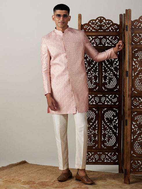 Vastramay Men's Peach Sequined Indo Western Sherwani Set
