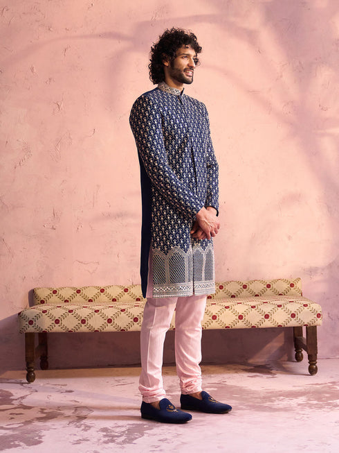 Vastramay Men's Navy Blue And Pink Georgette Sherwani With Kurta Pyjama Set