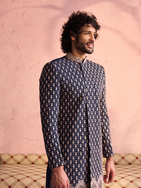 Vastramay Men's Navy Blue And Pink Georgette Sherwani With Kurta Pyjama Set
