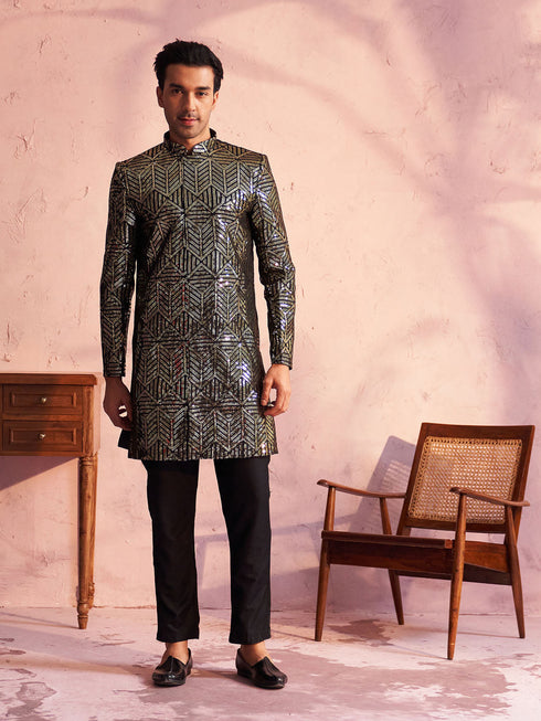 SHRESTHA By VASTRAMAY Men's Black Georgette Embellished Indo Set