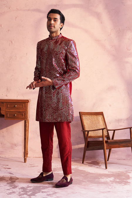 SHRESTHA By VASTRAMAY Men's Maroon Georgette Embellished Indo Set