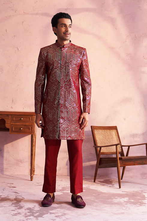 SHRESTHA By VASTRAMAY Men's Maroon Georgette Embellished Indo Set