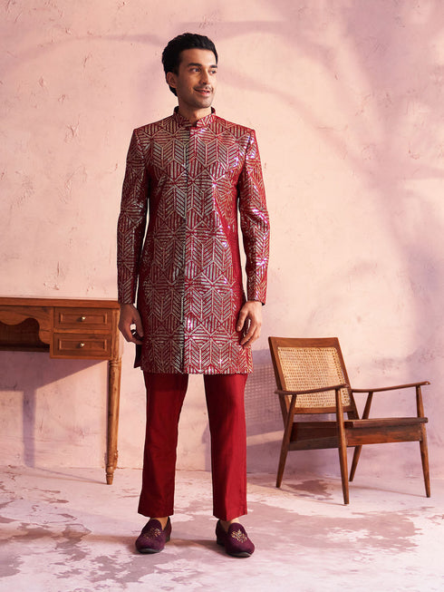 SHRESTHA By VASTRAMAY Men's Maroon Georgette Embellished Indo Set