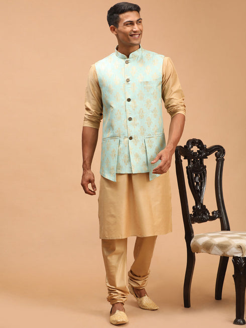 Vastramay Men's Green Woven Design Ethnic Jacket And Rose Gold Kurta And Pyjama Set