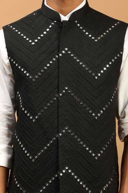 VASTRAMAY Black Mirror Work Viscose Sleeveless Ethnic Jacket Baap Beta Set