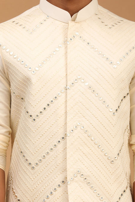 VASTRAMAY Cream Mirror Jacket With Cream Kurta and Pyjama Baap Beta Set