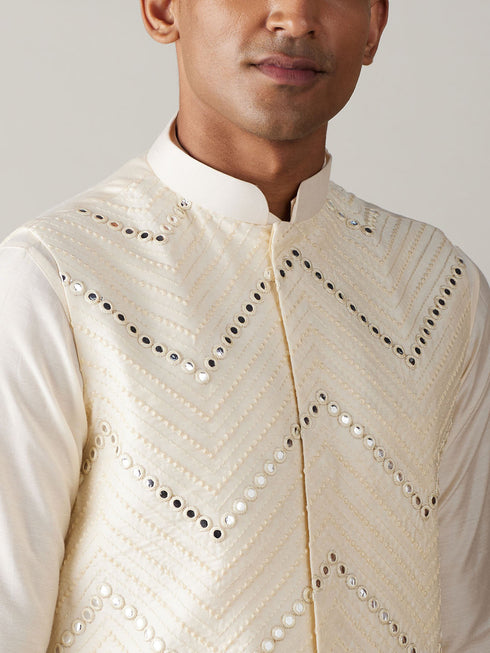 Vastramay Men's Cream Mirror Jacket With Pleated kurta pyjama Set