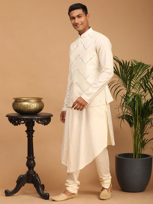 Vastramay Men's Cream Mirror Jacket With Pleated Kurta Pyjama Set