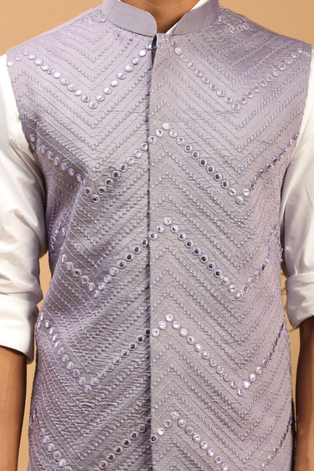 VASTRAMAY Purple Mirror Work Viscose Sleeveless Ethnic Jacket Baap Beta Set