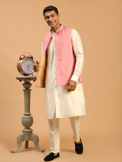 Vastramay Men's Purple Sequined Ethnic Jacket With Cream Kurta And Viscose Pant Set