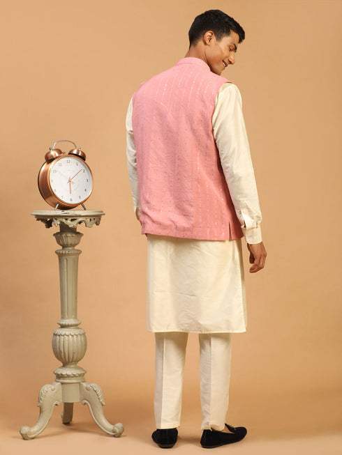 Vastramay Men's Purple Sequined Ethnic Jacket With Cream Kurta And Viscose Pant Set