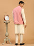 Vastramay Men's Purple Sequined Ethnic Jacket With Cream Kurta And Viscose Pant Set