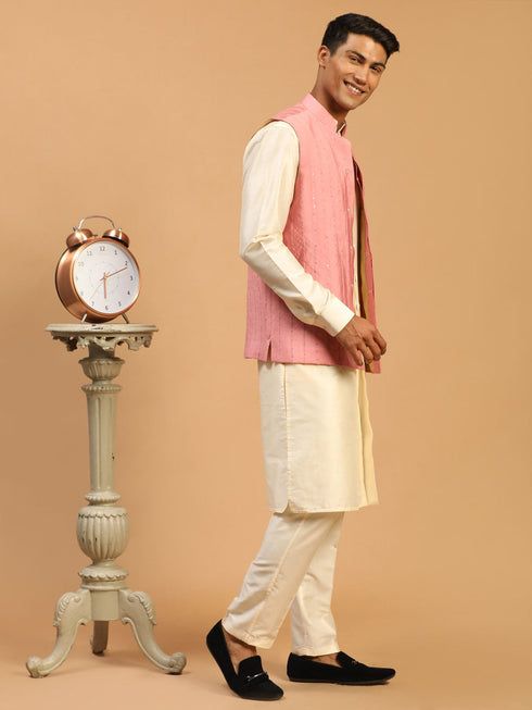 Vastramay Men's Purple Sequined Ethnic Jacket With Cream Kurta And Viscose Pant Set