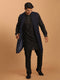 VASTRAMAY Men's Navy Blue Dot Glitter Printed Jacket With Black Silk Blend Curved Hem Kurta And Pant Set