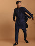 VASTRAMAY Men's Navy Blue Dot Glitter Printed Jacket With Blue Silk Blend Curved Hem Kurta And Pant Set