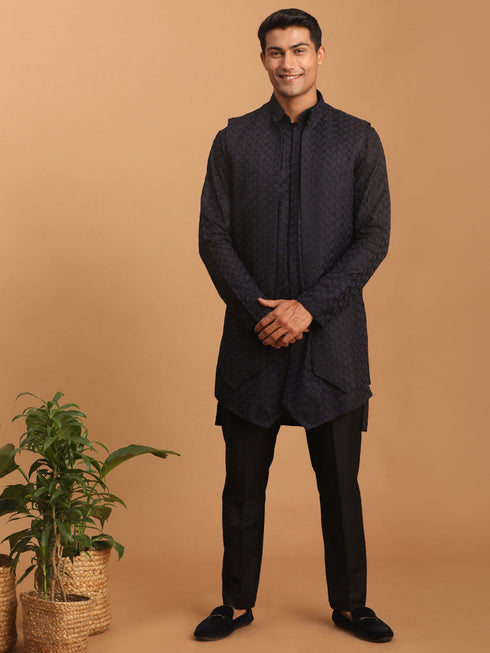 VASTRAMAY Men's Navy Blue Jacket With Kurta Pant Set