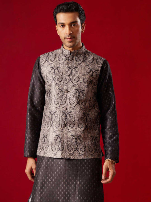 Vastramay Men's Black Jacquard Silk Blend Ethnic Jacket