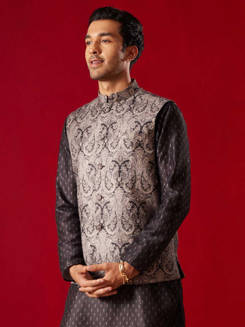 Vastramay Men's Black Jacquard Silk Blend Ethnic Jacket