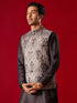 Vastramay Men's Black Jacquard Silk Blend Ethnic Jacket