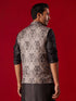 Vastramay Men's Black Jacquard Silk Blend Ethnic Jacket