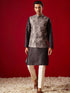Vastramay Men's Black Jacquard Silk Blend Ethnic Jacket
