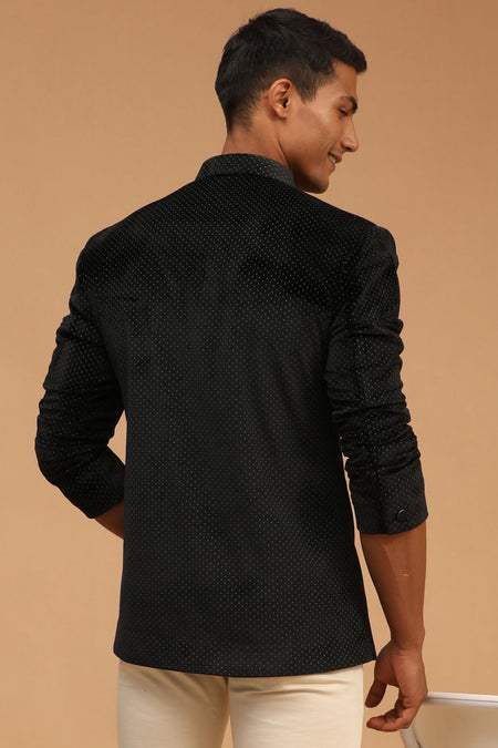 VASTRAMAY Black Polka Dot Printed Velvet Jodhpuri Baap beta Set