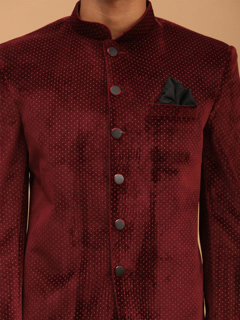 Vastramay Maroon Polka Dot Printed Velvet Jodhpuri Baap beta Set