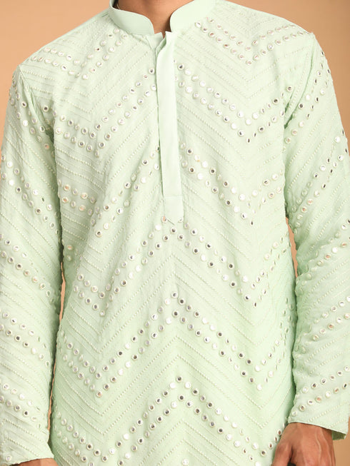 Vastramay Men's Mint Green Mirror Kurta Dhoti Set