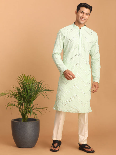 Vastramay Men's Mint Green Mirror Kurta Pant Set