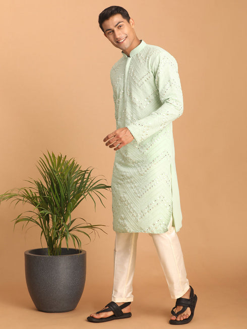 Vastramay Men's Mint Green Mirror Kurta Pant Set