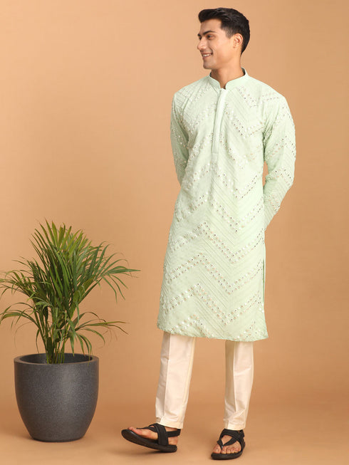 Vastramay Men's Mint Green Mirror Kurta Pant Set