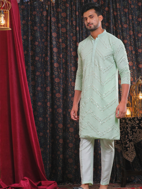 Vastramay Men's Mint Green Mirror Kurta Pant Set