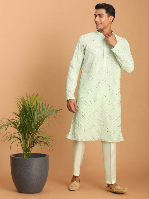 Vastramay Men's Mint Green Mirror Kurta Pant Set