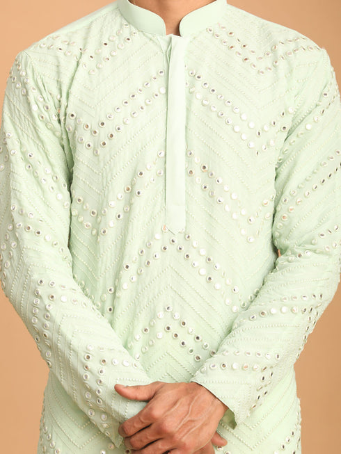 Vastramay Men's Mint Green Mirror Kurta Pant Set