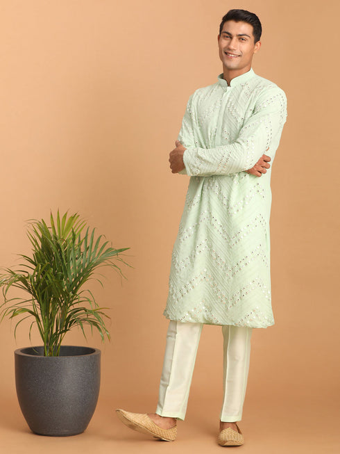 Vastramay Men's Mint Green Mirror Kurta Pant Set