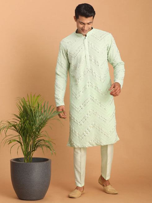 Vastramay Men's Mint Green Mirror Kurta Pant Set