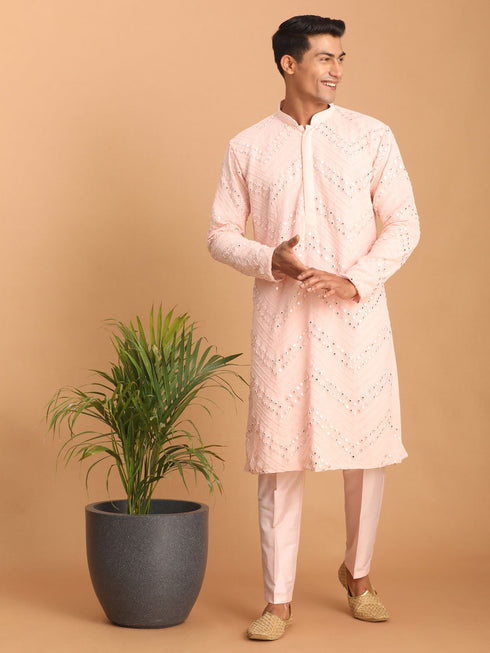 Vastramay Men's Pink Mirror Kurta Pant Set