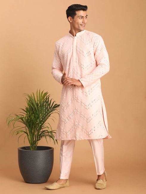 Vastramay Men's Pink Mirror Kurta Pant Set