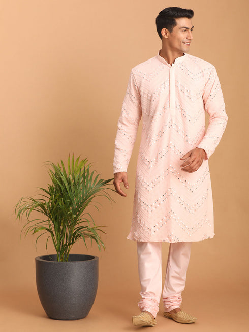 Vastramay Men's Pink Mirror Kurta Pyjama Set