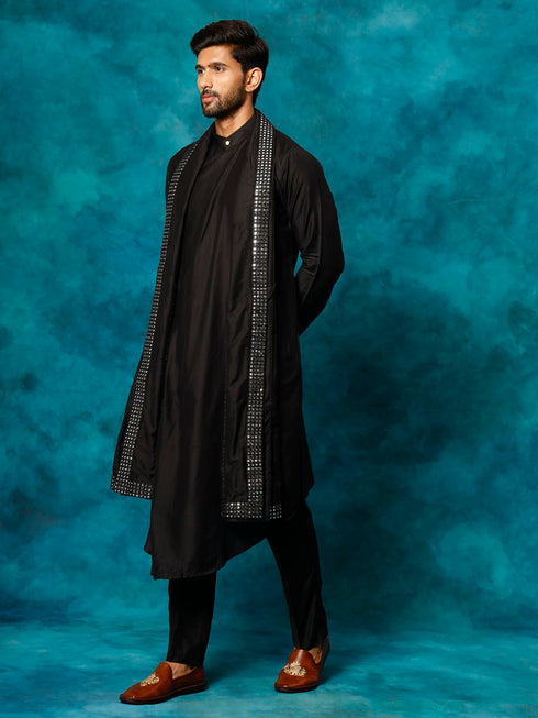 Vastramay Men's Black Pleated Kurta Pant With Dupatta Set