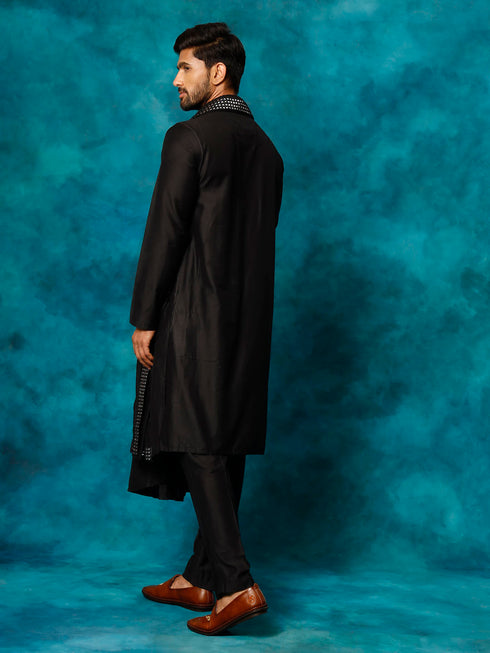 Vastramay Men's Black Pleated Kurta Pant With Dupatta Set