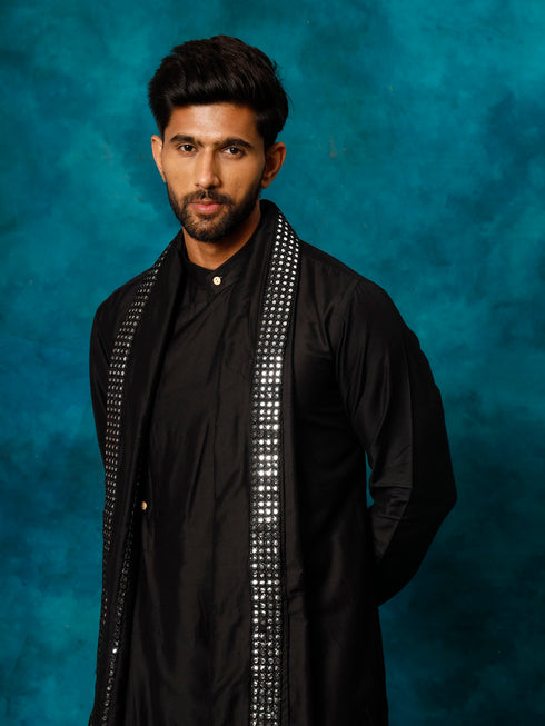 Vastramay Men's Black Pleated Kurta Pant With Dupatta Set