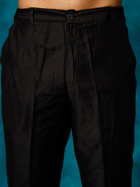Vastramay Men's Black Pleated Kurta Pant With Dupatta Set