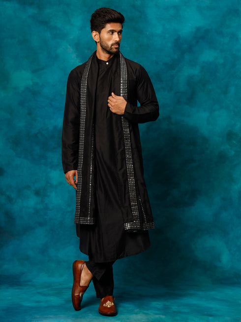 Vastramay Men's Black Pleated Kurta Pant With Dupatta Set