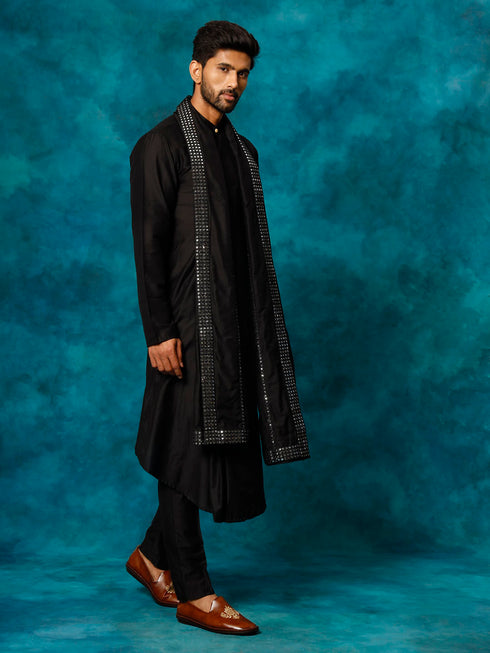 Vastramay Men's Black Pleated Kurta Pant With Dupatta Set