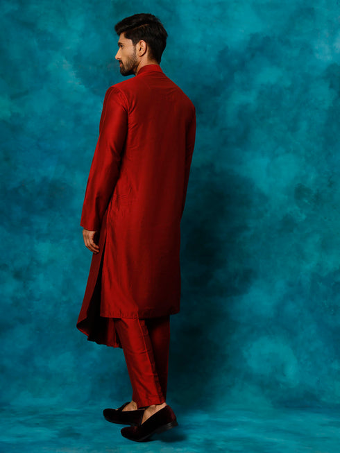 Vastramay Men's Maroon Pleated Kurta