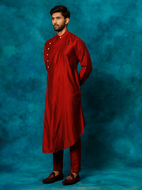 Vastramay Men's Maroon Pleated Kurta
